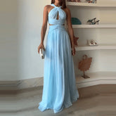 Blue Off Shoulder Pleated Long Dress